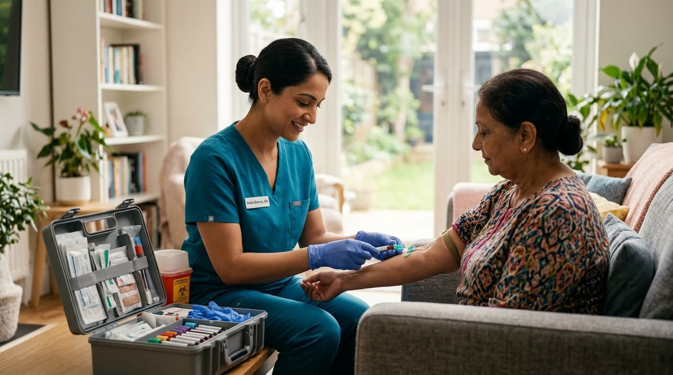 Healthcare technician collecting blood sample at patient's home