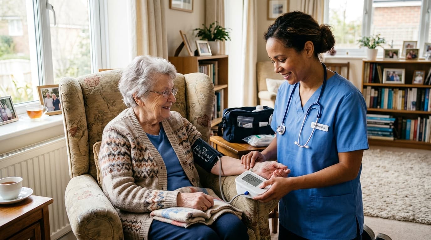 Nurse checking blood pressure and vitals of an elderly patient at home