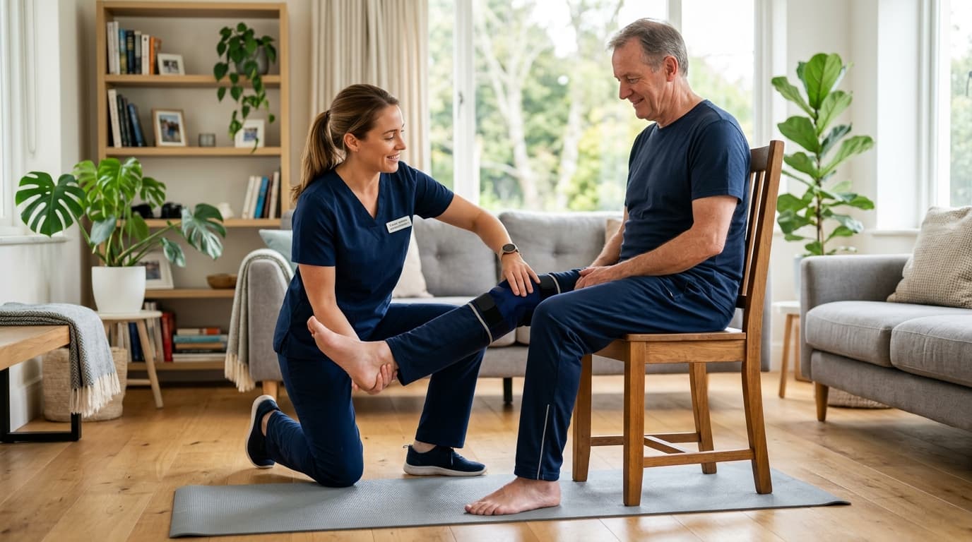 Physiotherapist guiding a patient through rehabilitation exercises at home
